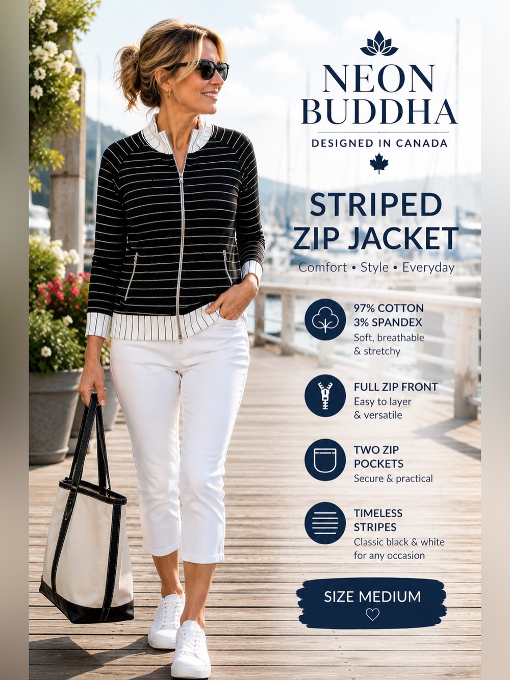 Neon Buddha Black & White Striped Zip Jacket | Mock Neck | Medium